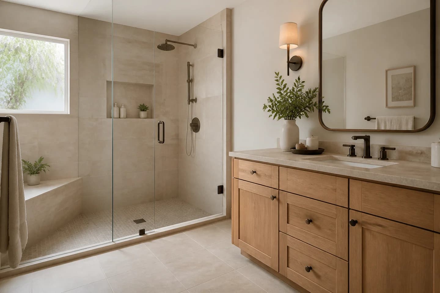 Serene Orlando bathroom renovation with warm oak cabinetry and a walk-in shower