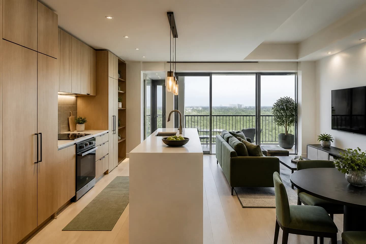 Completed compact Orlando condo remodel with oak millwork and open kitchen