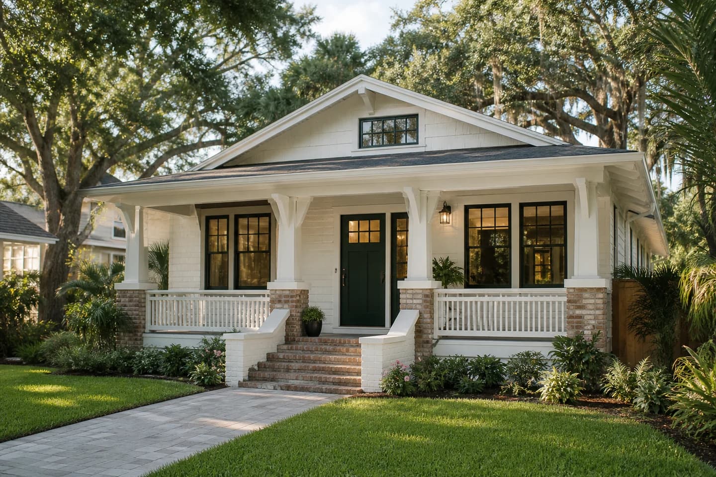 Completed exterior remodel of an Orlando bungalow with porch and dark green entry door