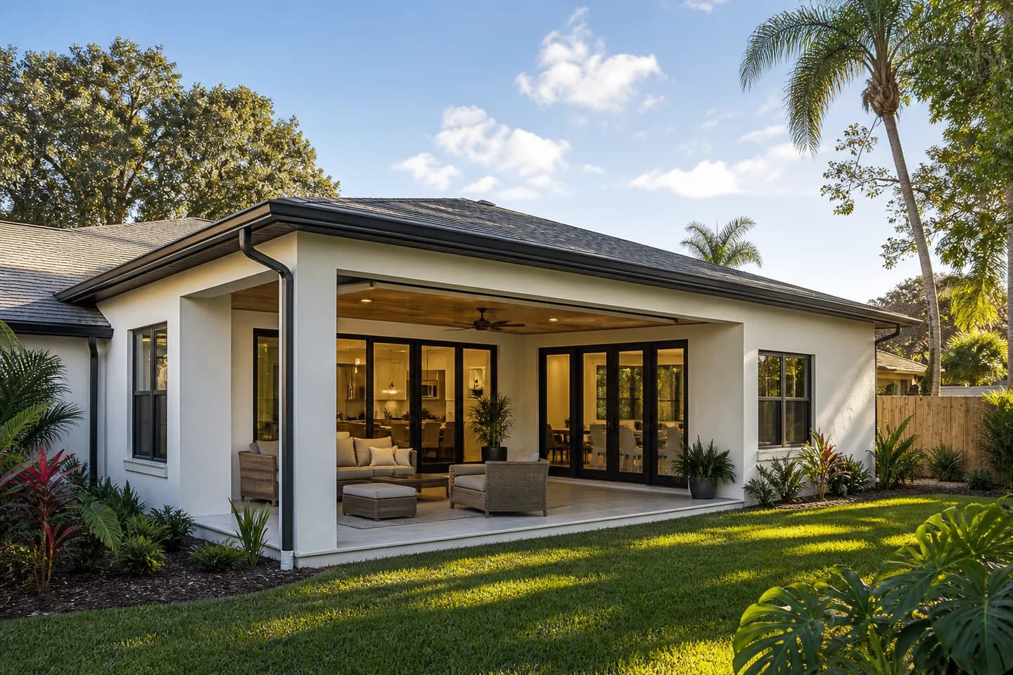 Completed rear home addition in Orlando with large doors and a covered lanai