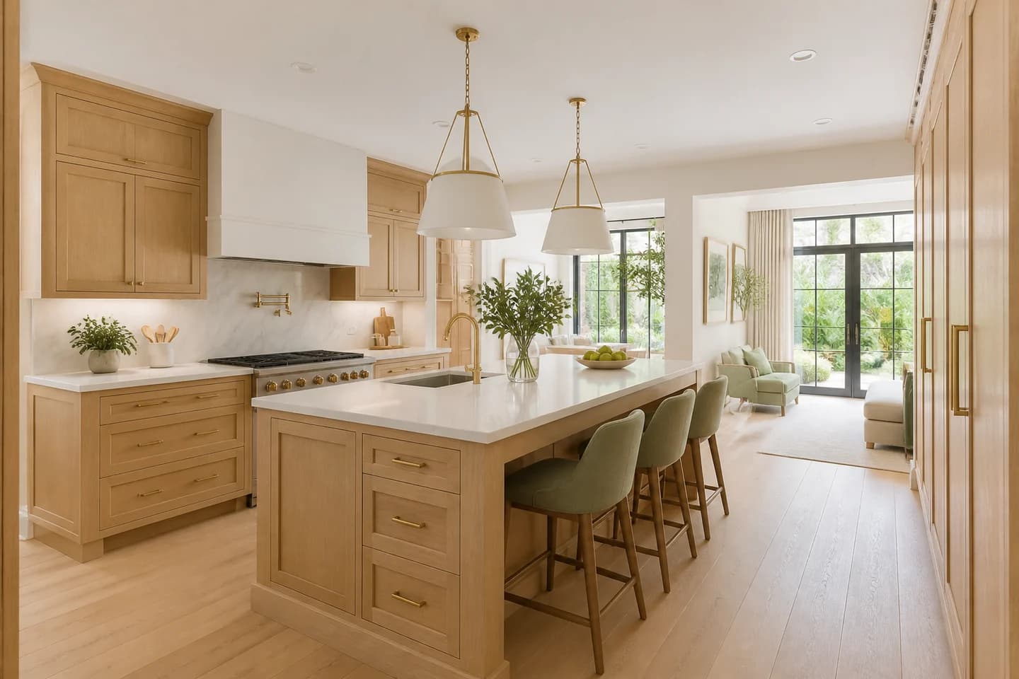 Completed Orlando kitchen remodel with white-oak cabinetry and a light quartz island